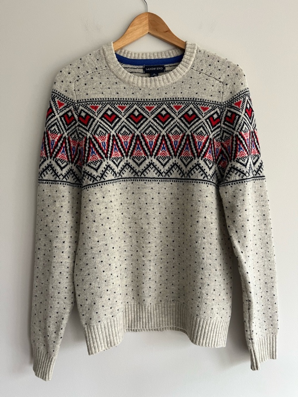 Lands' End Lambswool Gray Red Blue Fair Isle Crewneck Sweater Medium